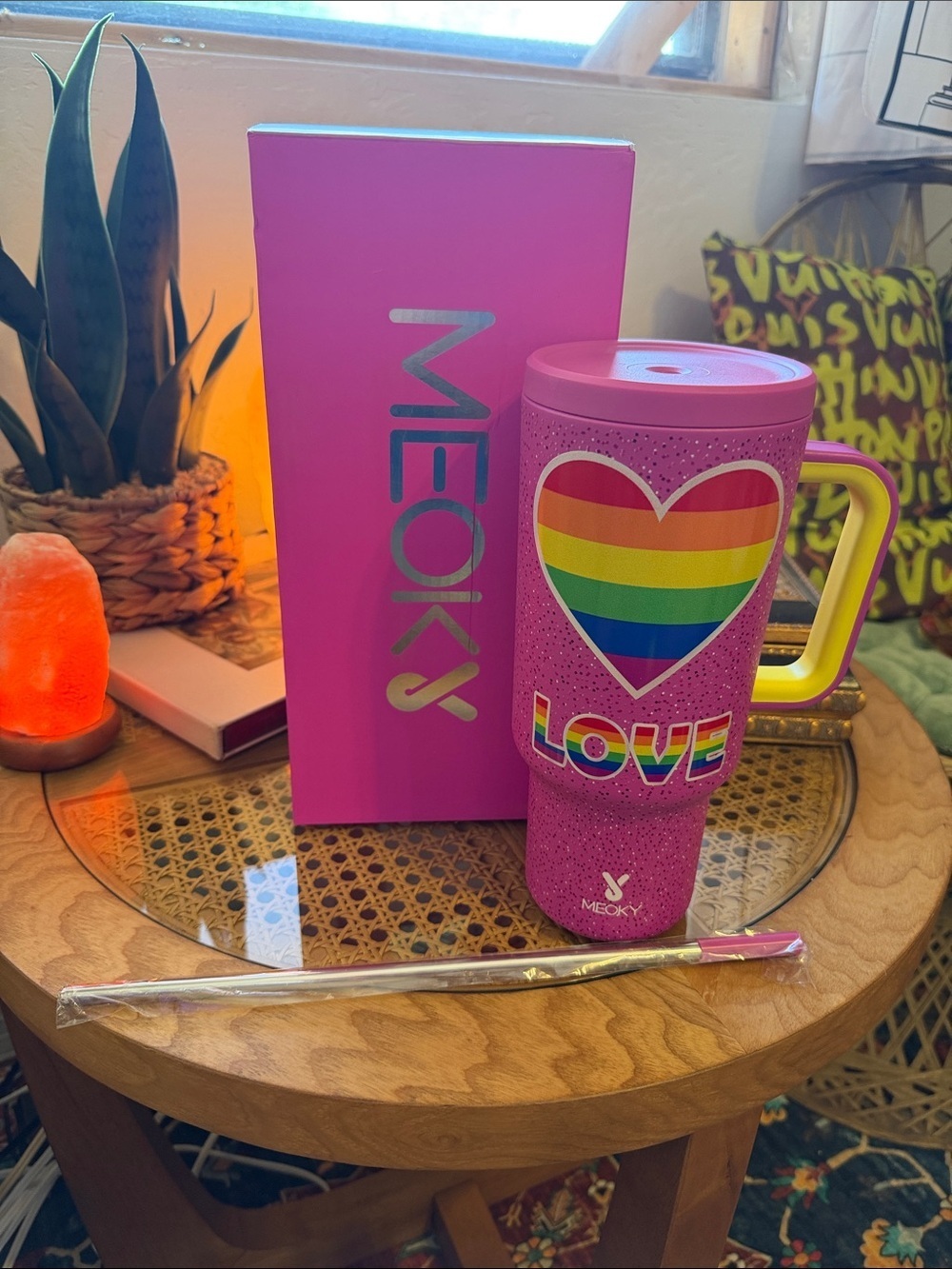 Pink 'LOVE' Rainbow Heart Travel Tumbler with Straw